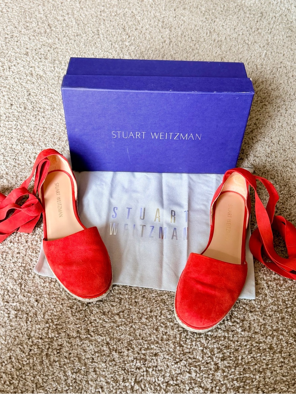 Stuart Weitzman Red Suede Espadrille Wrap Flats